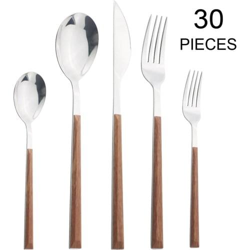 Imitation Wood Handle Cutlery Set Western Stainless Steel Tableware Set 6/12/20/24/30Pcs Kitchen Knife Fork Spoon Dinnerware Set