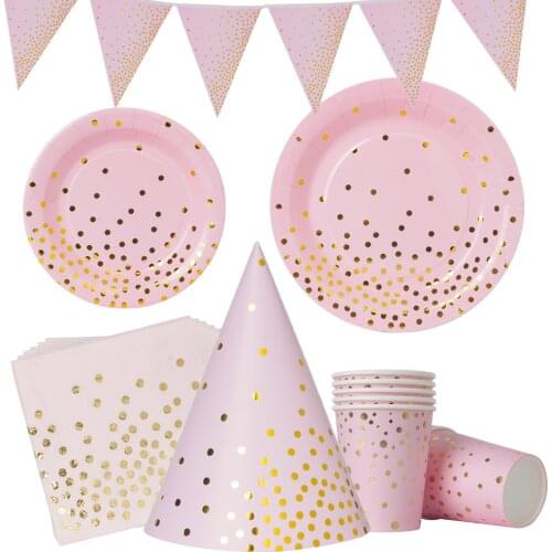 Pink Gold Dot Baby Girl Party Disposable Tableware Cup Plate napkin hat 1st Birthday Party Decor Kids Baby Shower Party Supplies