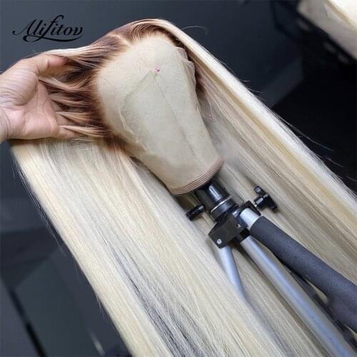 ALIFITOV Ombre Blonde Human Hair Wig Lavender Purple Straight Lace Front Wig With Baby Hair Transparent Lace Wigs For Women