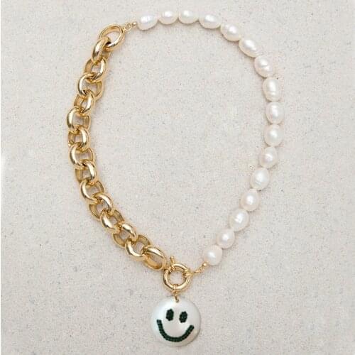 Crystal smile Smiley pendant punk chain necklace freshwater Pearl pendant gothique ожерелья Gift women statement jewelry gift