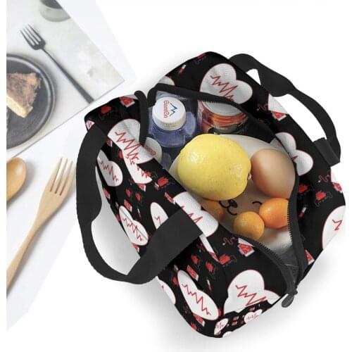 Travel Nurse Bag Insulated Lunch Bags Women Nurse Heartbeat Pattern Print Food Case Cooler Warm School Bento for Kids Lunch Box