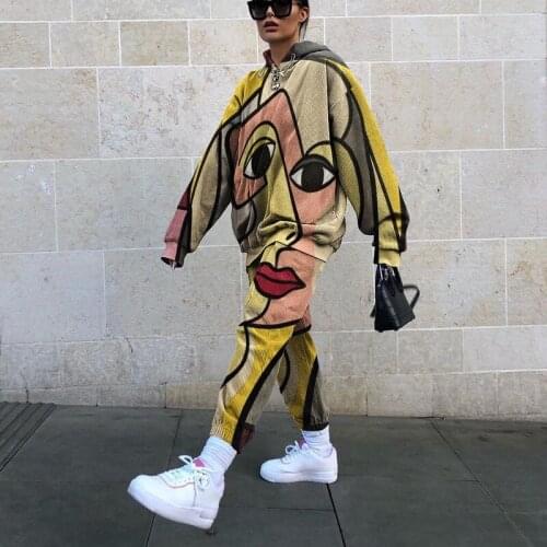 Eyes Face Print Loose Sweatshirt Two Piece Outfits for Women Hoodies Streetwear Long Sleeve Trousers 2020 Autumn New Haren Pants