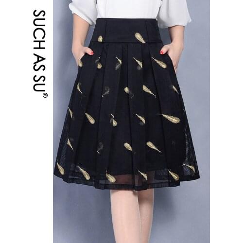 SUCH AS SU 2021 Summer Mesh Pleated Skirts Womens Yellow Red Embroidery High Waist Knee-Length Skirt S-3XL Female Tutu Skirts