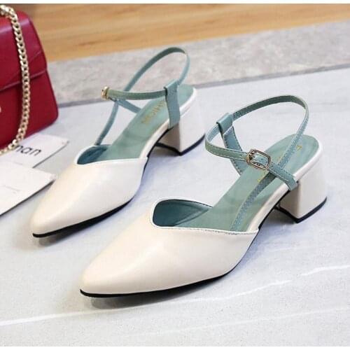 Spring High Sandals Female Pump New Fashion Buckle Strap Soft Synthetic Leather Thick Heel Solid Party Women Pointed Dress Shoes