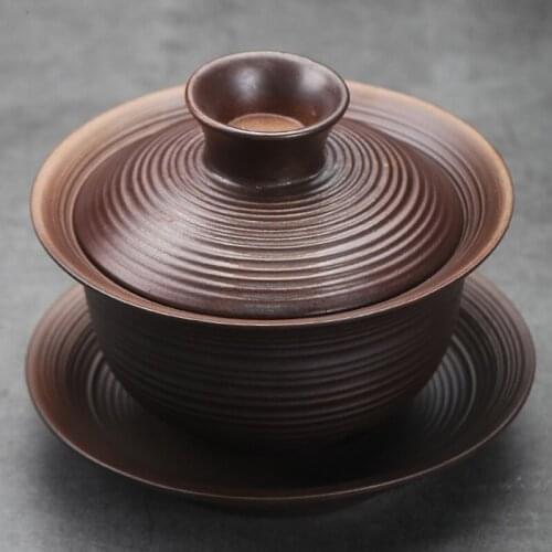 Vintage Firewood Ceramic Gaiwan Retro Porcelain Tea Cups and Saucer Tureen Cover Lid Bowl