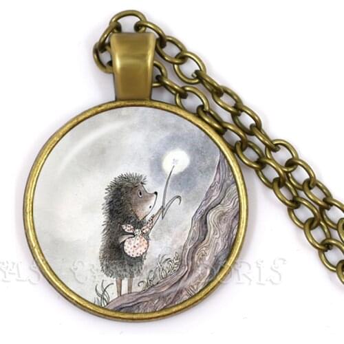 Vintage Hedgehog In The Fog Necklace Antique Bronze Plated Glass Cabochon Dome Pendant Necklace Animal Jewelry Gift