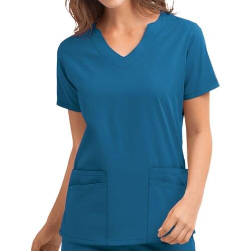 40# Women T-shirts Top Short Sleeve V-neck Tops Working Uniform Pockets Cartoon Print T-shirts Work Nurse Uniform Retro Tshirt