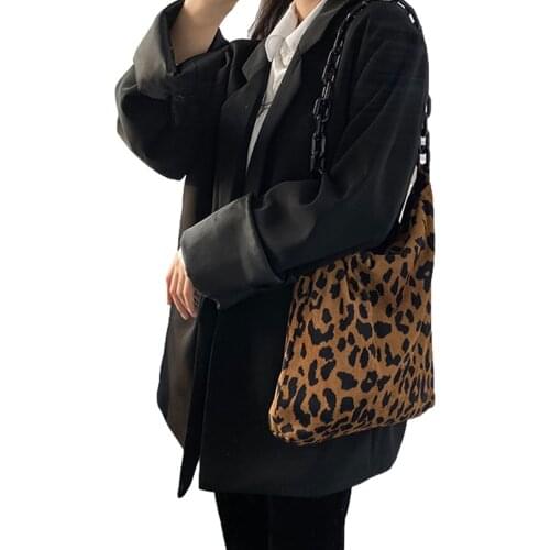 Female Single-Shoulder Bag Multipurpose Solid/ Leopard Print Handbag Zip Closure Shoulder Bag Shopping Bag Cloth Storage Bag