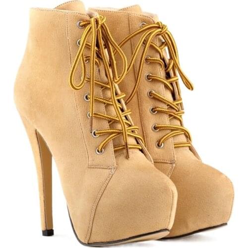 LOSLANDIFEN New Womens Winter Boots Platform Round Toe High Heels Shoes Lace-Up Ankle Flock For Women Court 819-1VE