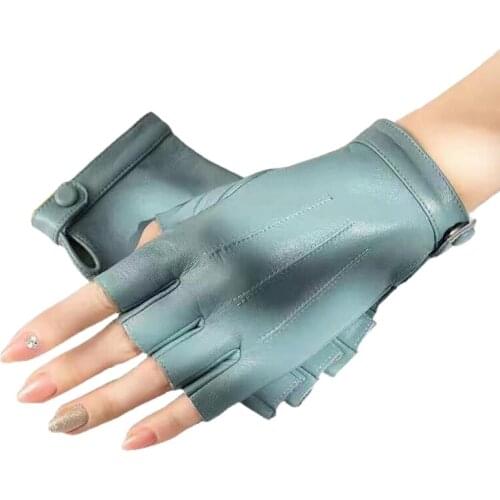 Women Locomotive Motorcycle Semi-Finger Genuine Leather Glove Fashion Goatskin Half Finger Gloves