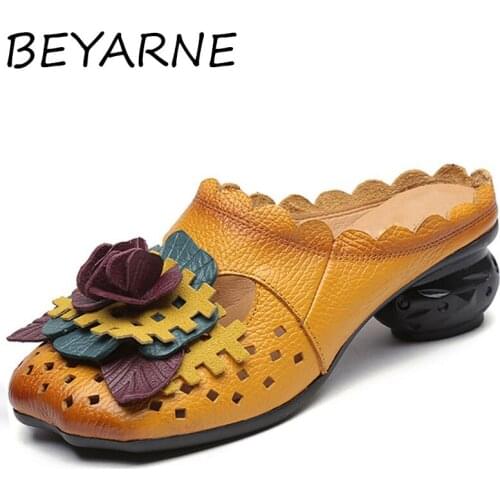 BEYARNE Summer Slippers Flower Retro Sandals Shoes Women Genuine Leather Closed Toe Handmade Comfortable Women Flat Shoes E153