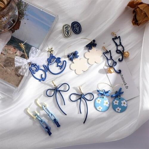 2021 New Korean Earrings for Women Blue Asymmetrical Cat/Flower Retro Fashion Dangle Fine Pendants Earrings Birthday Gift