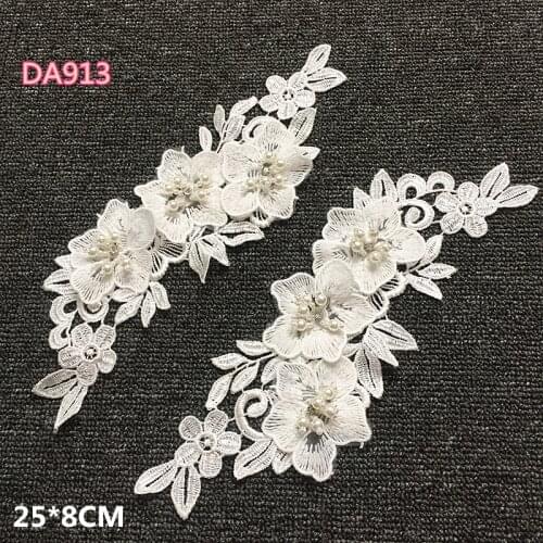 ASHION 1 mirror pair 4 style Rhinestones lace Appliques White 3D Wedding Lace Flowers Embroidered Dress Lace Motifs Venise Lace