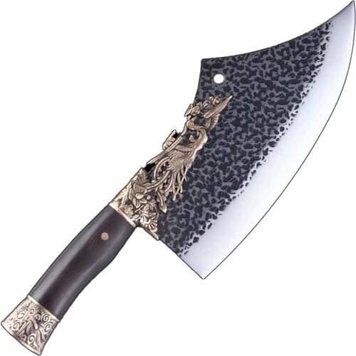Longquan 10.5 Inch Fixed Blade Big Knife Copper Phoenix Decor Cleaver Chopper Hunting Knife Handmade Forged Steel Kitchen Knives