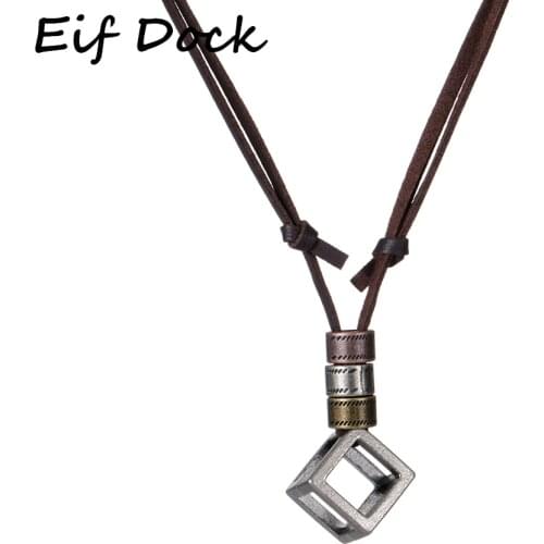 Eif Dock Vintage Leather Hollow Cube Long Choker Necklace Jewelry For Women Men Punk Rock Love Metal Pendant Necklace Shellhard