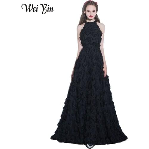 WeiYin Elegant Black Long Evening Dress Sexy Halter Feather Floor-length Prom Party Gown Cusotm Formal Dresses Vestido De Festa