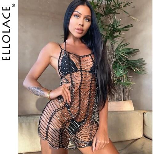 Ellolace Sexy Hollow Out Mini Dress Summer Crochet Bathing Suit Bikini Swimwear Cover Up Beach Dress Hollow Out One Piece Tops