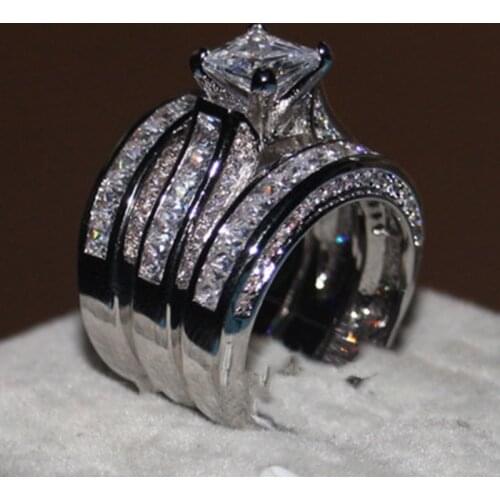 Cute Female 3pcs Zircon Wedding Ring Set Crystal Silver Color Yellow Gold Bridal Ring Jewelry Promise Engagement Rings For Women