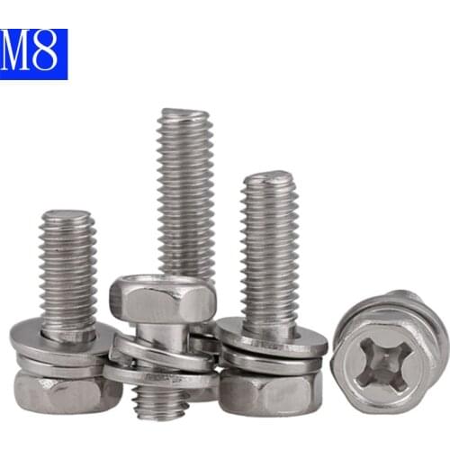 M8 - 1.25 8mm Cross Recessed Hex Bolt Indentation,Lock Washer &Plain Washer Assemblies