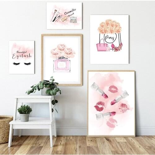 Fashion Poster Makeup Brushes Beauty Wall Art Fashion Bag Prints Canvas Painting Pink Perfume Wall Pictures Girl Room Decor