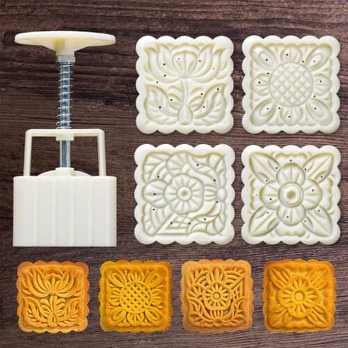 2021 New 4pcs Square Hand Press Stamp Moon Cake Decor Barrel Mooncake Mold 125g DIY Tool