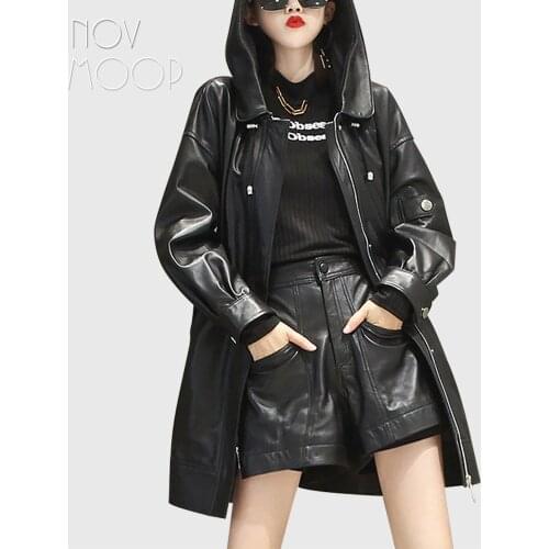 Novmoop genuine leather women long coat wide hood brim solid color smart casural style office lady Chaqueta de cuero LT3453