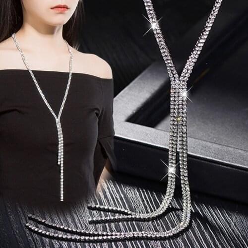 Fashion Rhinestone Chain Tassel Long Necklace For Women New Statement Sweater Necklaces