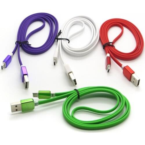 100pcs/lot Flat Noodle Cable 1M 3FT Plated Metal Head Micro USB Cable for Samsung HTC Sony LG Blacberry