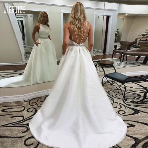 JIERUIZE Simple Fashion Satin Wedding Dresses Jewel Neck Backless Beading Sash With Pockets Long Bridal Gowns robe de mariee