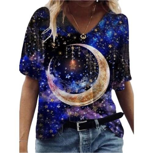 Moon Fairy Tale Women Print T Shirt 2021 Summer V-Neck Loose Plus Size Shirt Casual Short Sleeve Plant Flowers Streetwear Tops