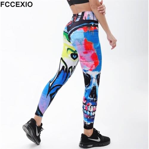 FCCEXIO Women Leggings Fashion Graffiti Skull Comics Print Legging Sexy Silm High Waist Stretch Trouser Pants Push Up Jogging
