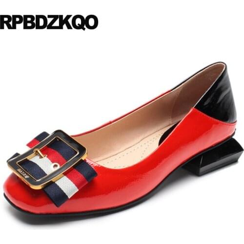 Italian brand chinese genuine leather red slip on high quality women low heel 2019 black designer shoes china square toe ladies