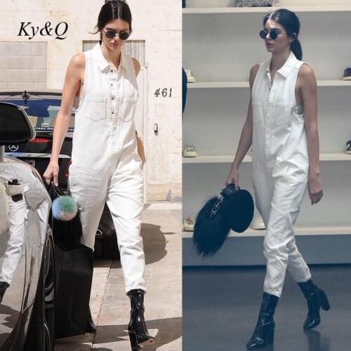 Street Shot The Same White Sleeveless Handsome Denim Cotton Jumpsuit Women Fashion Loose Casual Jump Suit 2021 New