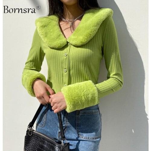 Bornsra 2021 Autumn Women Sweater Fur Collar Solid Color Sweater Fashion Slim Slimming Cardigan Casual Sweater