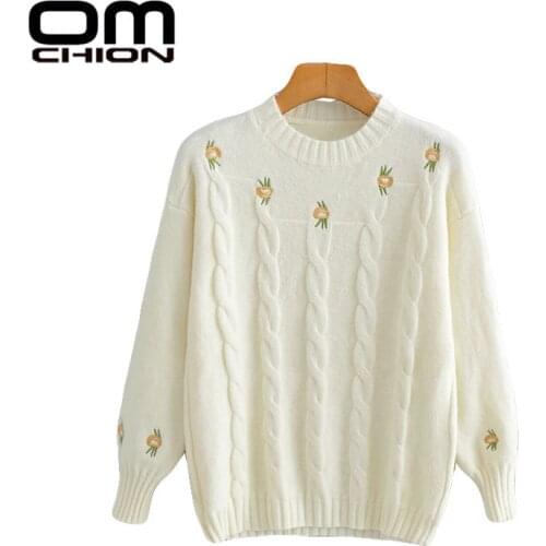 OMCHION Pull Femme 2021 Fall Winter Round Neck Flower Embroidered Sweater Women Casual Loose Twist Pullover Chic Jumper BR49
