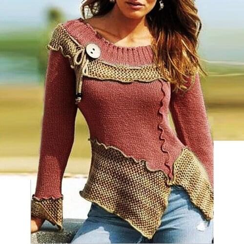 Vintage Sweater Women Round Neck Design Sense Button Top Long-sleeve Autumn Knitted Pullover New Irregular Hem Bohemia Clothing