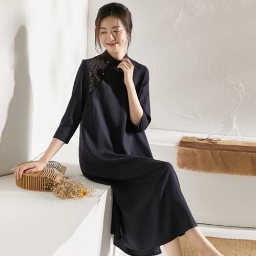 Qingshuzhai spring and summer Chinese style womens Embroidery literature tea dress improved cheongsam long dress