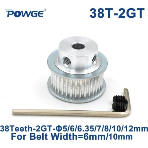 POWGE 38 Teeth 2GT Timing Pulley Bore 5/6/6.35/7/8/10/12mm for GT2 Open Synchronous belt width 6/10mm small backlash 38Teeth 38T
