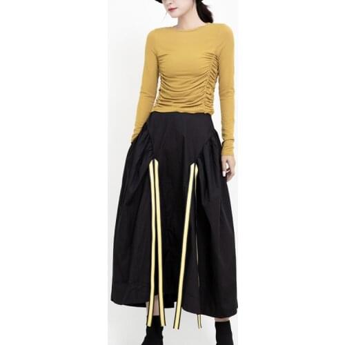2020 New Style Non-Mainstream Design Contrasting Color Ribbon Pleated High Waist A- line Skirt French Skirt for Women