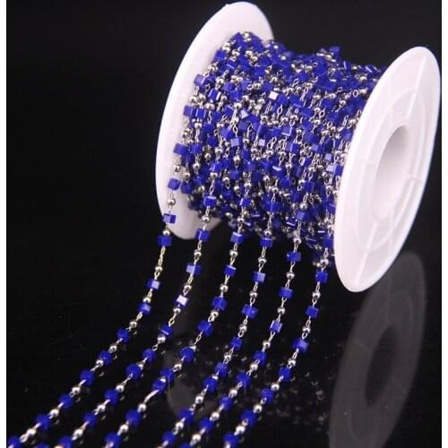 5Meter Dark Blue Square Glass bead&Copper beads Plating Silver Chain,Charms Wrapped Rosary Chain Jewelry Necklace 2.5mm