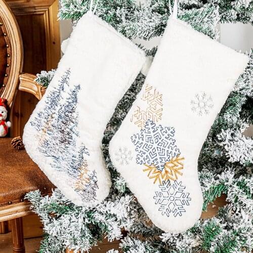 White Christmas Stocking Decorations Wool Ball Embroidery Snowflake Xmas Tree Hanging Ornament Pendant Children Holiday Gift Bag