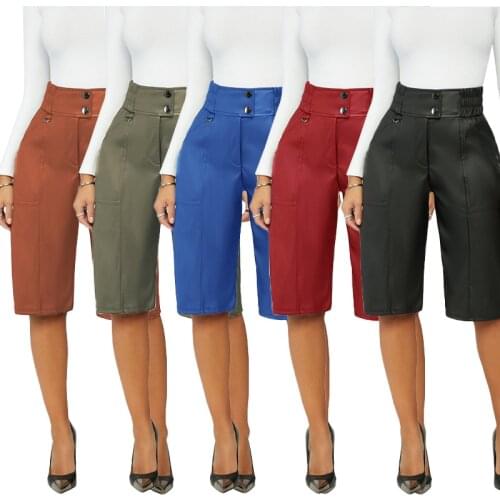 Casual Women Pu Pants Joggers Knee Length Solid Color Streetwear Has Stretch Autumn Pants For Women