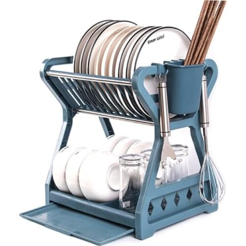 Double-layer Kitchen Dish Bowl Draining Storage Rack Basket with Chopstick Cage Y1QB