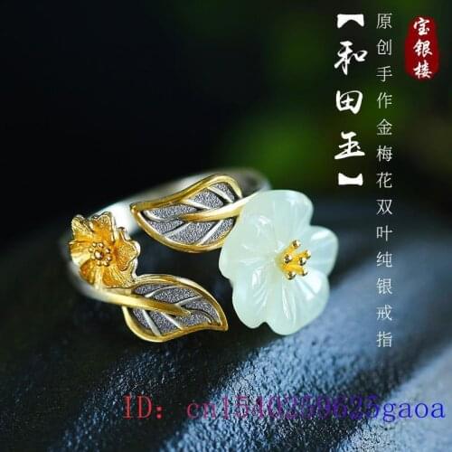White Hetian Jade Flower Ring 925 Silver Charm Natural Gifts Gemstone Women Crystal Jewelry Amulet Men Chalcedony Zircon