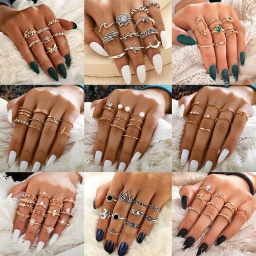 14Styles Bohemian Crystal Butterfly Crown Leaf Water Drop Moon Imitation Pearl Ring Luxury Set Women Charm Joint Rings Jewelry