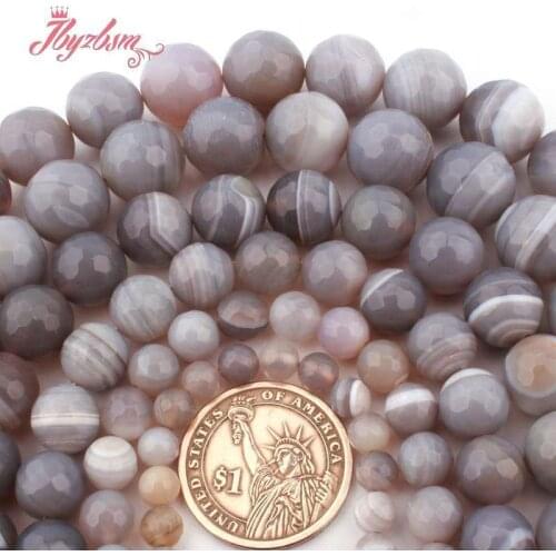 Round Faceted Gray Stripe Banded Agates Natural Stone Loose Beads for DIY Women Men Necklace Bracelet Earring Jewelry Making 15"