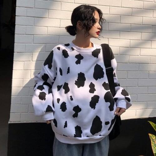 Cute Autumn Hoodie Sweatshirt Women Tops Loose Casual Milk Print Hoodie Streetwear Girl Pullover Japan Hoodies Funny Female