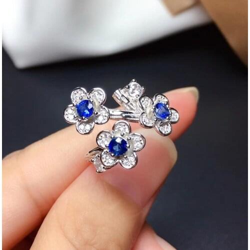 Fashion Open design Plum blossom Crotch Natural blue sapphire Ring S925 Silver Natural Gemstone Ring Women party gift Jewelry