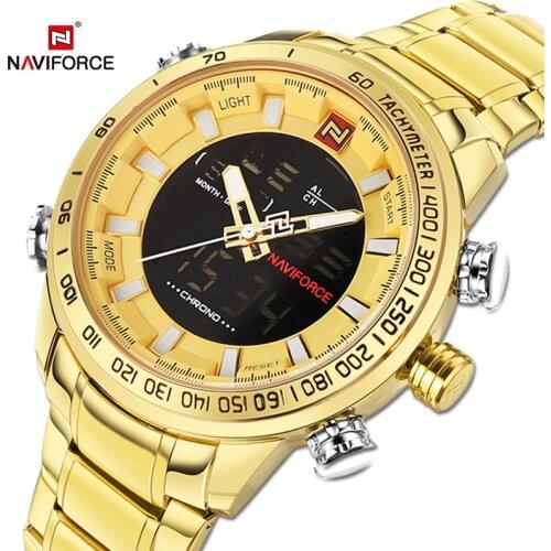 NAVIFORCE Luxury Gold Watch For Men Dual Display Wristwatches Male Sport Analog Alarm Military Watches Luminous Waterproof Clock
