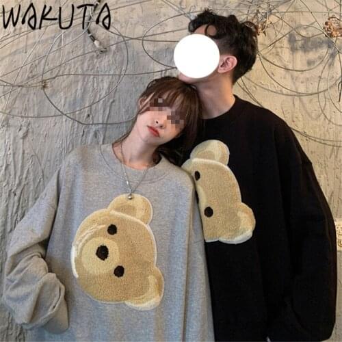 WAKUTA Couples Hoodies Ins Wind Hot Tops Cute Bear O Neck Oversized Long Sweatshirt Korean Fashion Fall and Winter New Clothes